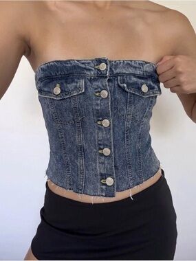 Strapless Denim Button-Front Corset Top - Blue